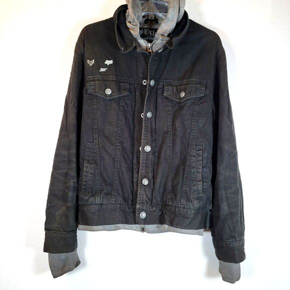 Fox Racing Mens Deluxe Hooded Lined Denim Jacket Size Medium Black Biker Skater - Picture 1 of 11